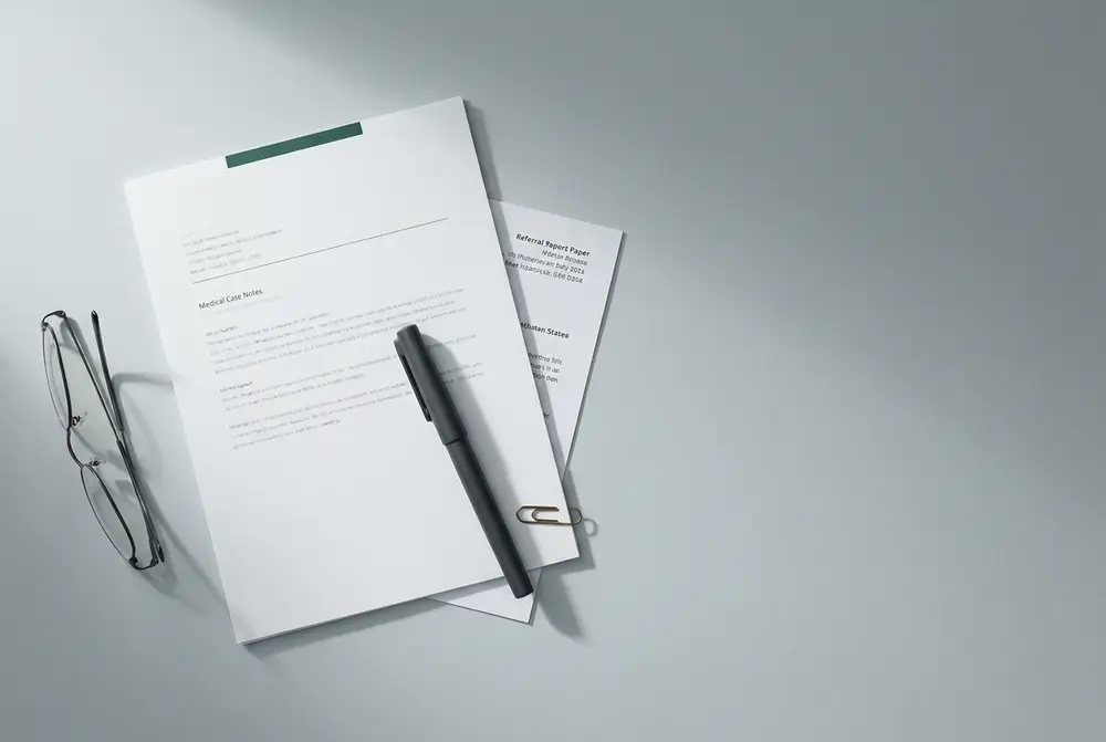 A clinician's case notes and a typed referral letter with a fountain pen, ready to be marked.