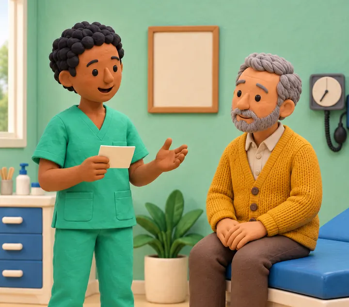 Clay illustration of a nurse in green scrubs holding a role play card and talking to an older patient in a cardigan, who sits on an examination couch.